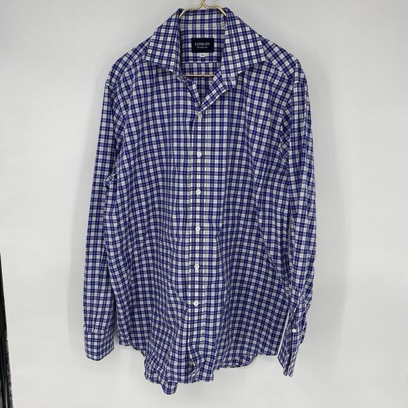 Ledbury Men's Dress Shirt Long Sleeve Piunk and Blue Micro Plaid Size 17.5 - Picture 1 of 4